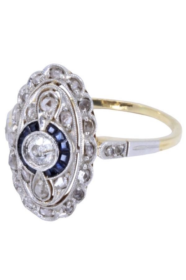Art-deco marquise in yellow gold, white gold, sapphires and diamonds