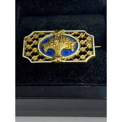 18-carat gold brooch: flowered basket, blue and white enamel.Napoleon III.