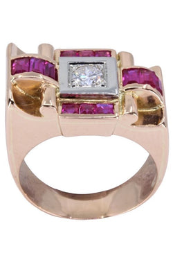 Bague tank en or jaune et or blanc, rubis et diamants