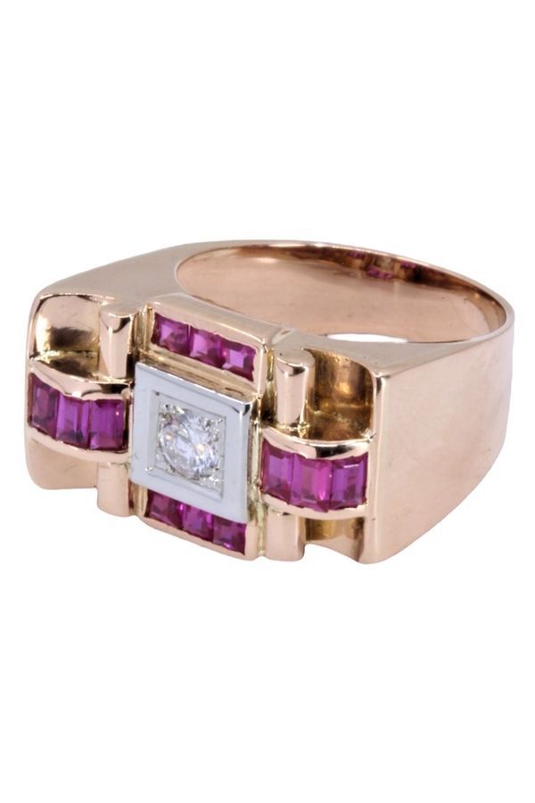 Bague tank en or jaune et or blanc, rubis et diamants