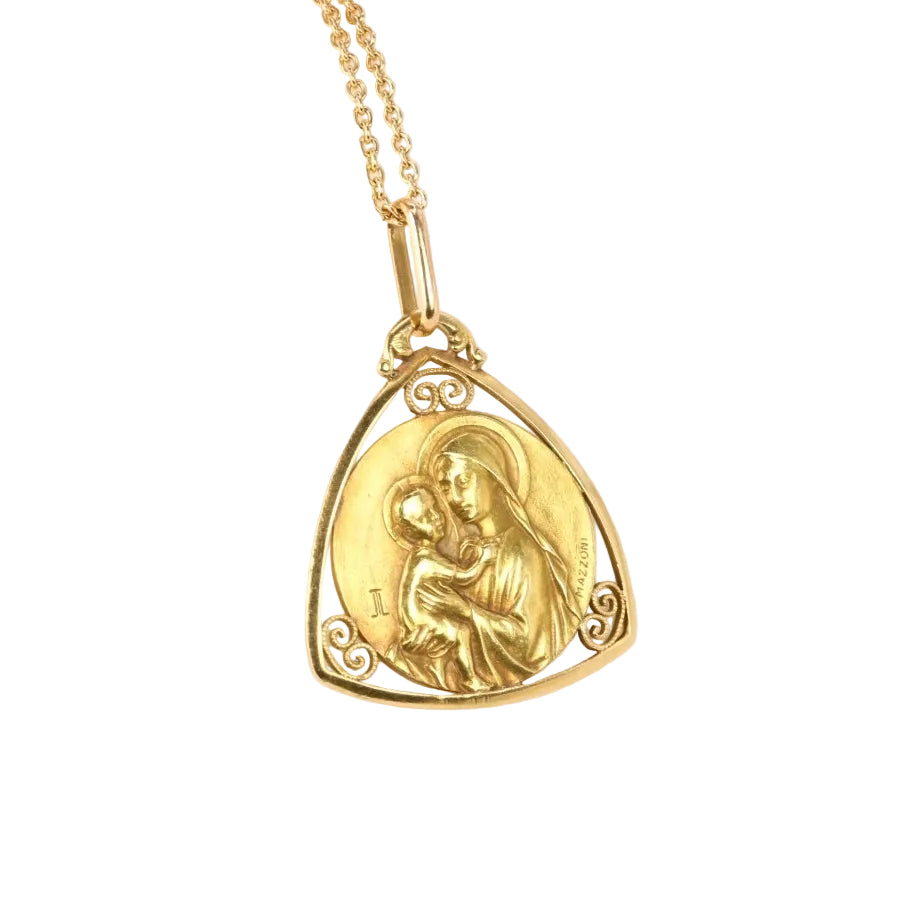 Médaille Art Nouveau en or jaune signée Mazzoni, Vierge à l’enfant - Castafiore