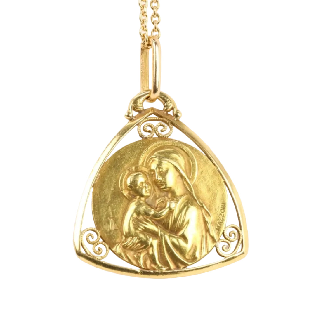 Médaille Art Nouveau en or jaune signée Mazzoni, Vierge à l’enfant - Castafiore