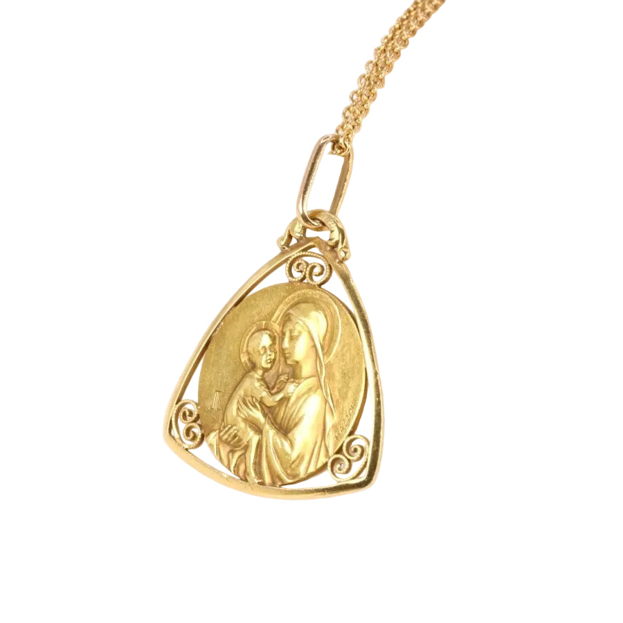 Médaille Art Nouveau en or jaune signée Mazzoni, Vierge à l’enfant - Castafiore