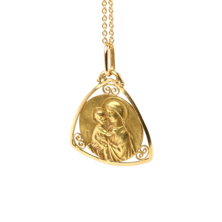 Médaille Art Nouveau en or jaune signée Mazzoni, Vierge à l’enfant - Castafiore