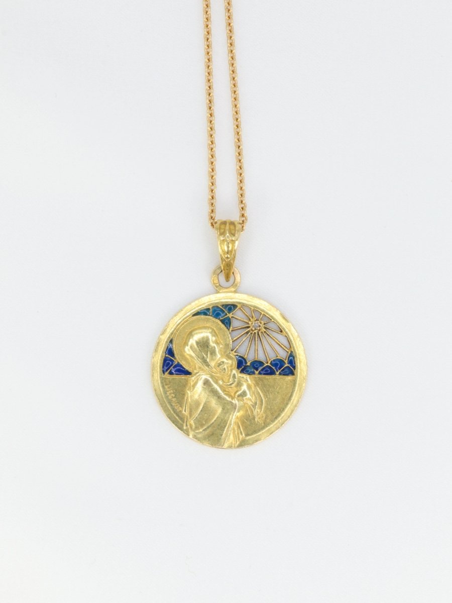 Médaille Art Nouveau Liegault en or, diamant et émail plique à jour - Castafiore