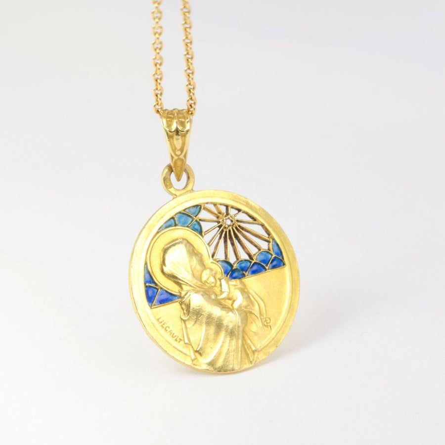 Médaille Art Nouveau Liegault en or, diamant et émail plique à jour - Castafiore