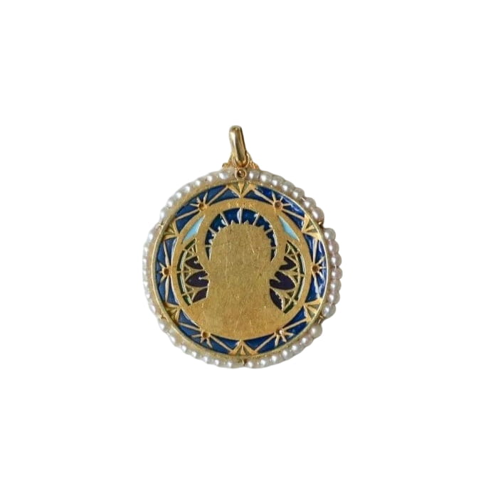 Médaille Vierge Marie émail plique à jour, perles et diamants - Castafiore