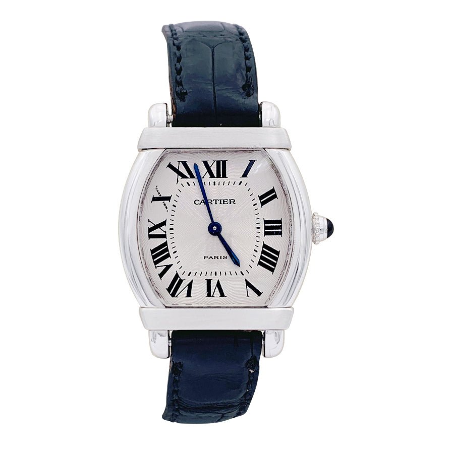 Montre Cartier, "Tortue Chinoise", platine, or blanc, cuir. - Castafiore