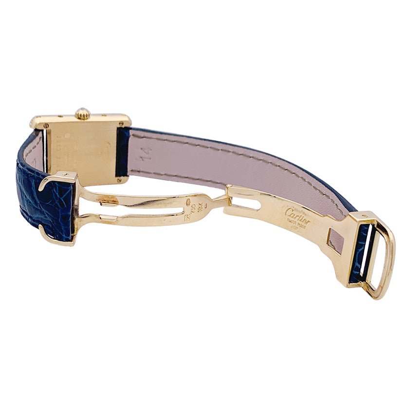 Montre Quartz CARTIER "Tank Louis Cartier" en or jaune, cuir et diamants - Castafiore