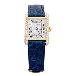 Montre Quartz CARTIER "Tank Louis Cartier" en or jaune, cuir et diamants - Castafiore