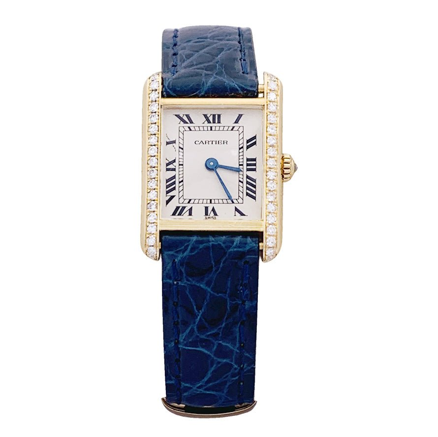 Montre Quartz CARTIER "Tank Louis Cartier" en or jaune, cuir et diamants - Castafiore
