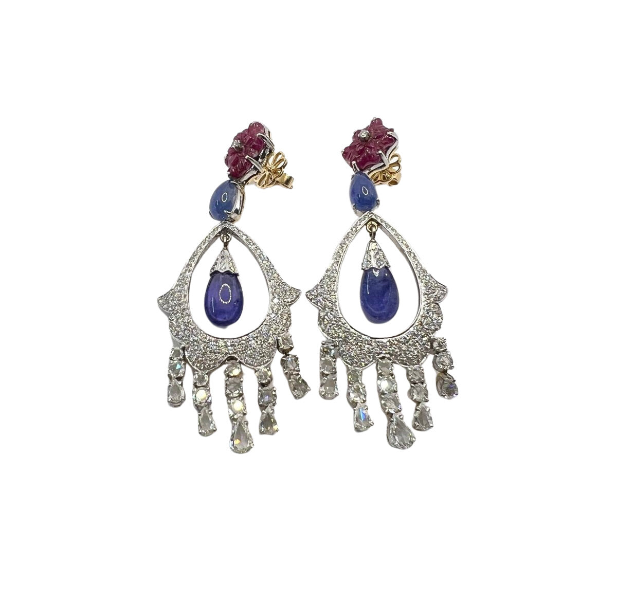 Orecchini oro 18 kt con diamanti naturali, tanzaniti naturali e rubini naturali. - Castafiore