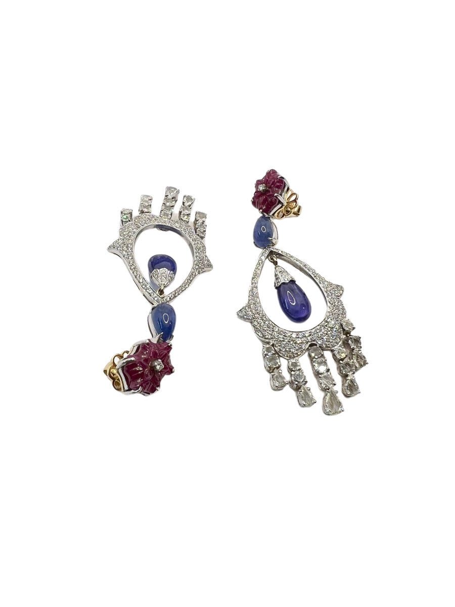 Orecchini oro 18 kt con diamanti naturali, tanzaniti naturali e rubini naturali. - Castafiore