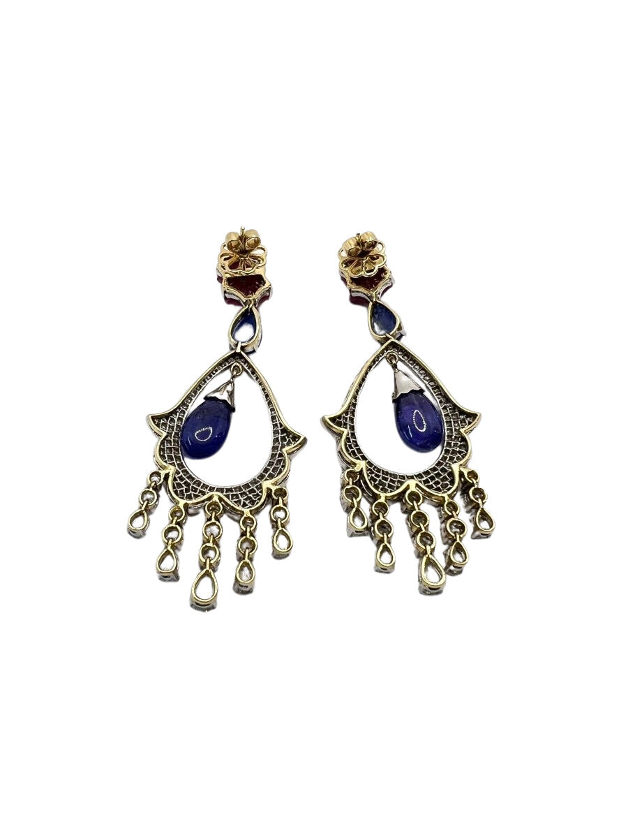 Orecchini oro 18 kt con diamanti naturali, tanzaniti naturali e rubini naturali. - Castafiore