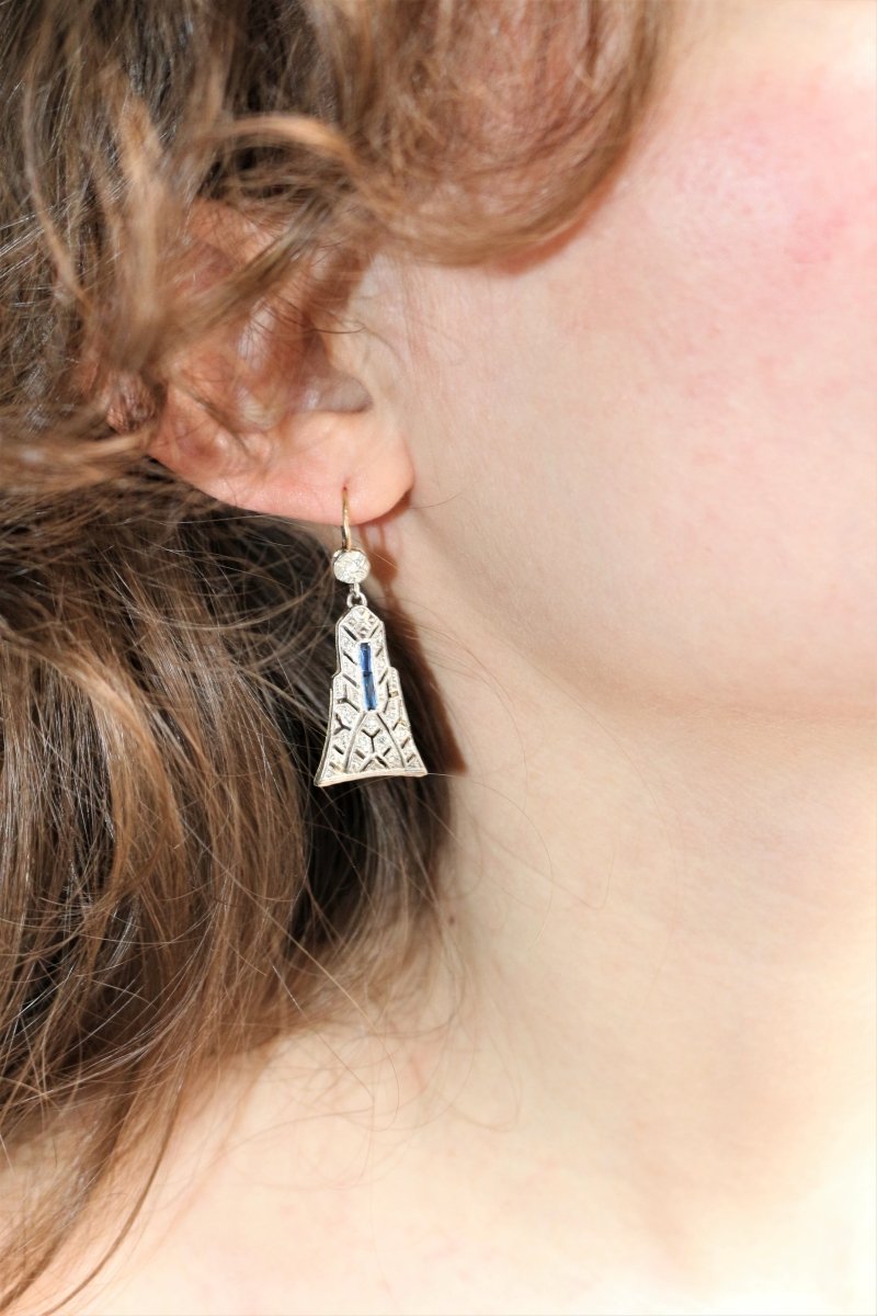 Pendants d'Oreilles Art Déco en platine et or jaune - Castafiore