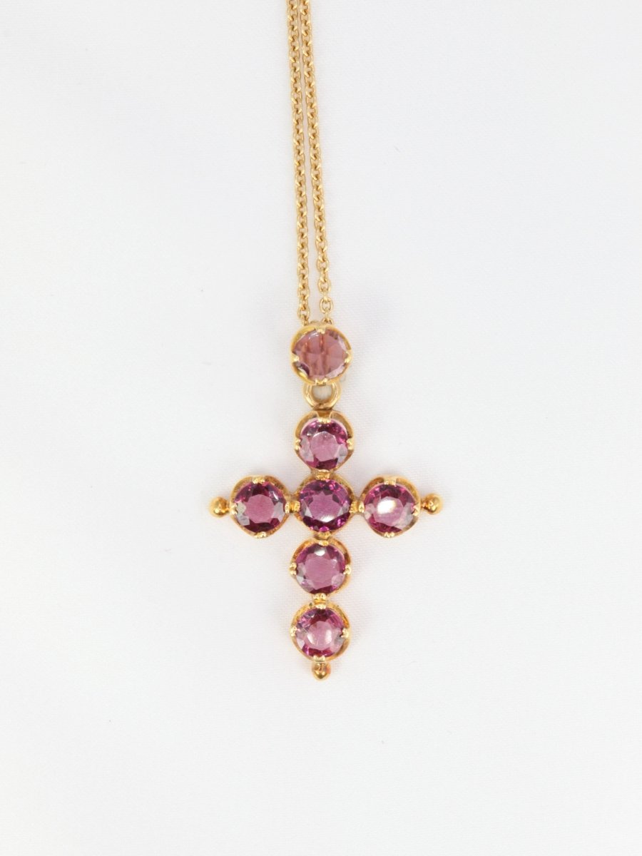 Pendentif croix ancien en or et grenats roses, fin XIXème - Castafiore