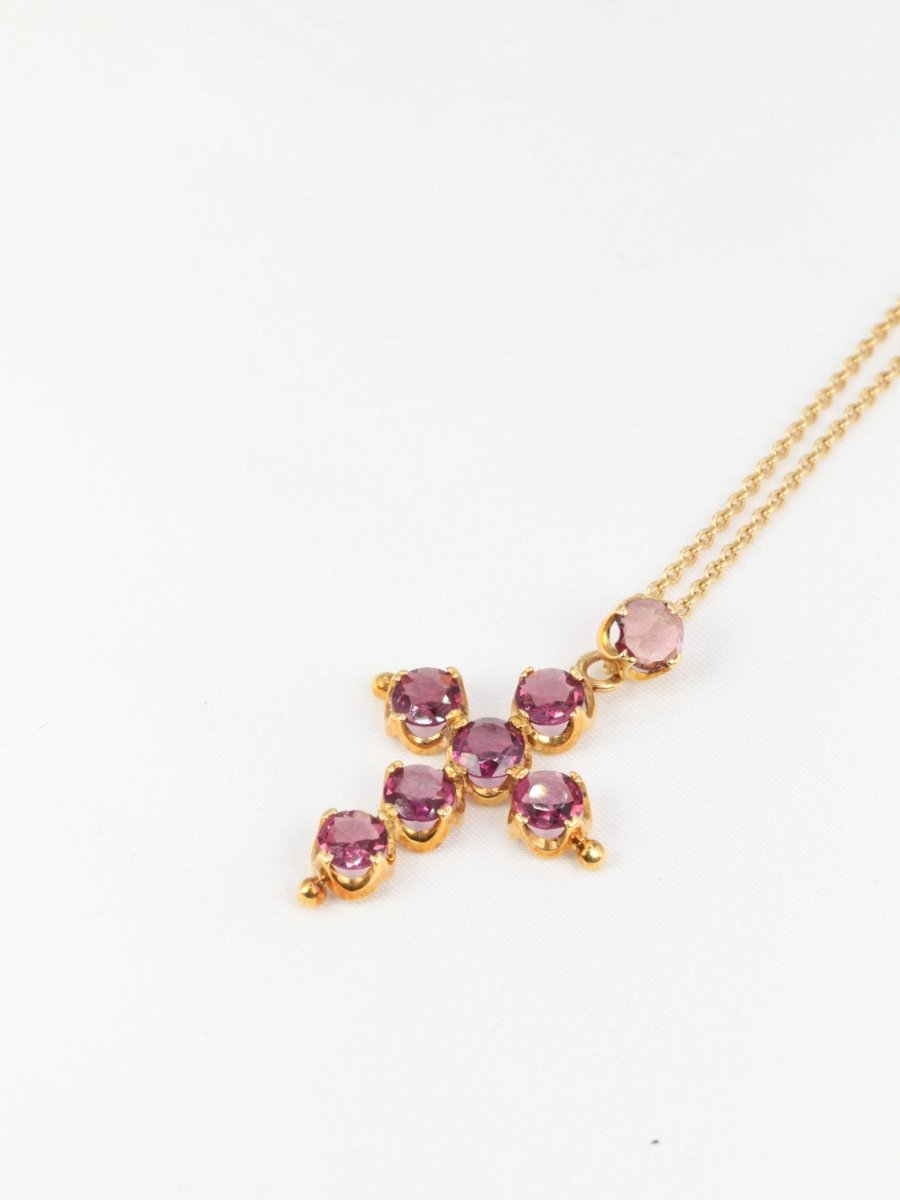 Pendentif croix ancien en or et grenats roses, fin XIXème - Castafiore