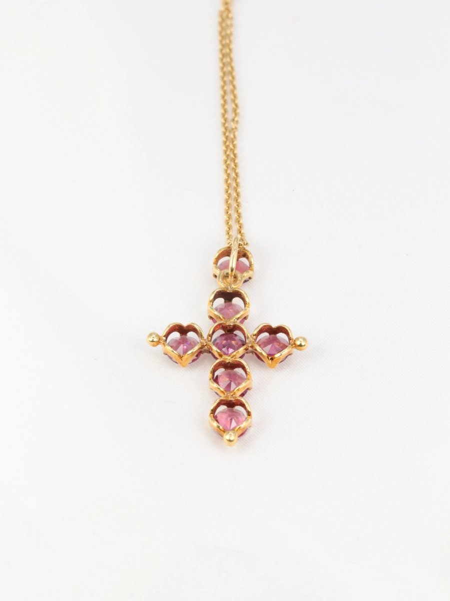Pendentif croix ancien en or et grenats roses, fin XIXème - Castafiore