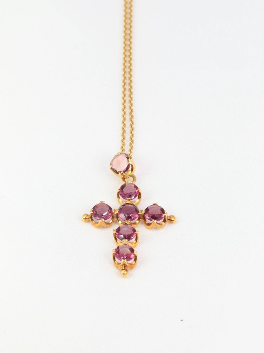 Pendentif croix ancien en or et grenats roses, fin XIXème - Castafiore