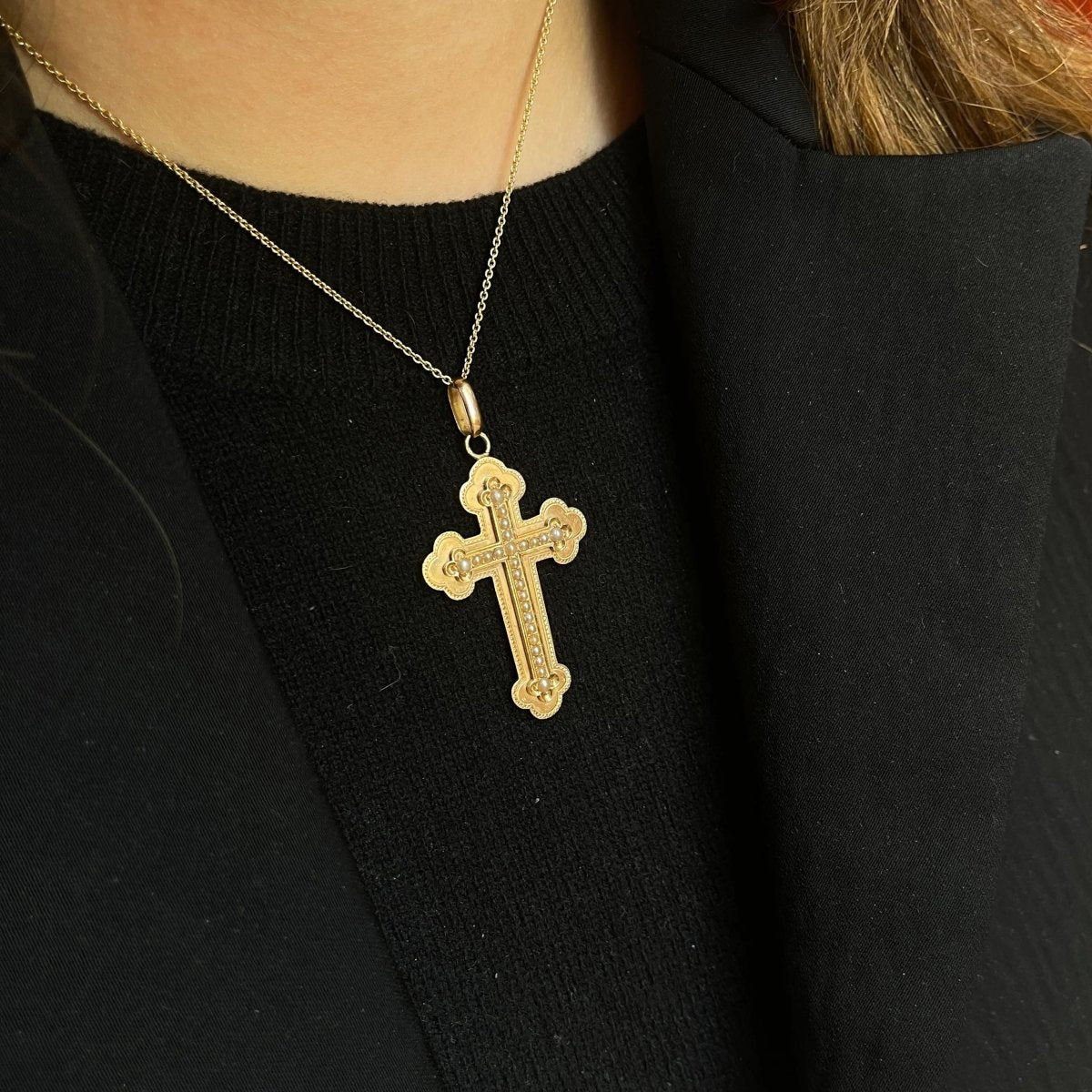 Pendentif croix ancien en or et perles fines - vers 1860 - Castafiore