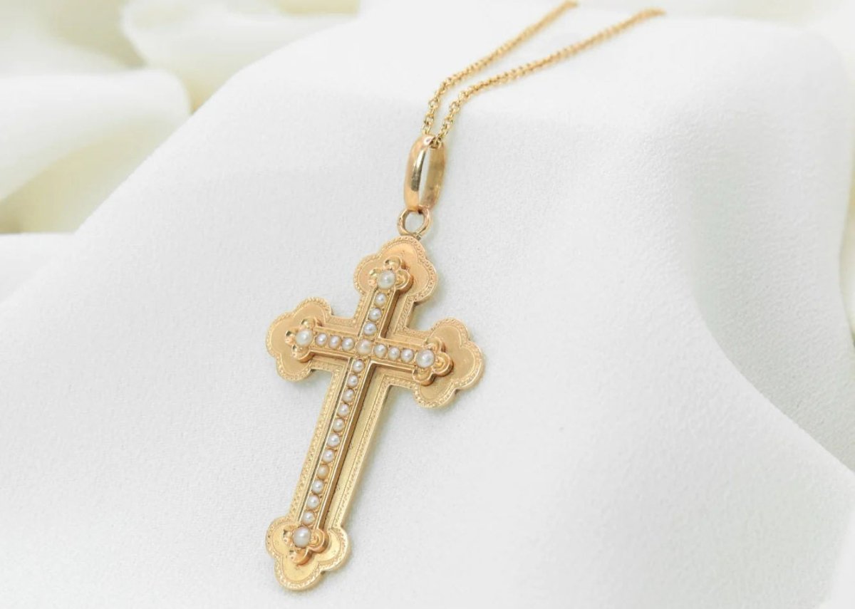 Pendentif croix ancien en or et perles fines - vers 1860 - Castafiore
