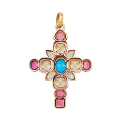 Pendentif croix en or rose, citrines, tourmalines et tanzanite - Castafiore