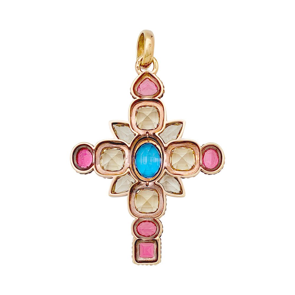 Pendentif croix en or rose, citrines, tourmalines et tanzanite - Castafiore