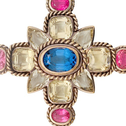 Pendentif croix en or rose, citrines, tourmalines et tanzanite - Castafiore