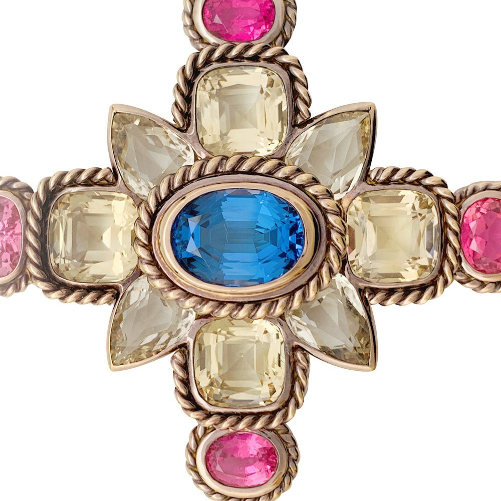 Pendentif croix en or rose, citrines, tourmalines et tanzanite - Castafiore