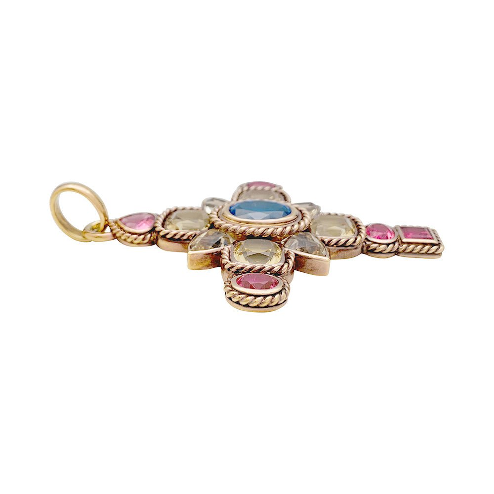 Pendentif croix en or rose, citrines, tourmalines et tanzanite - Castafiore