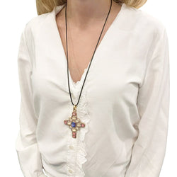 Pendentif croix en or rose, citrines, tourmalines et tanzanite - Castafiore