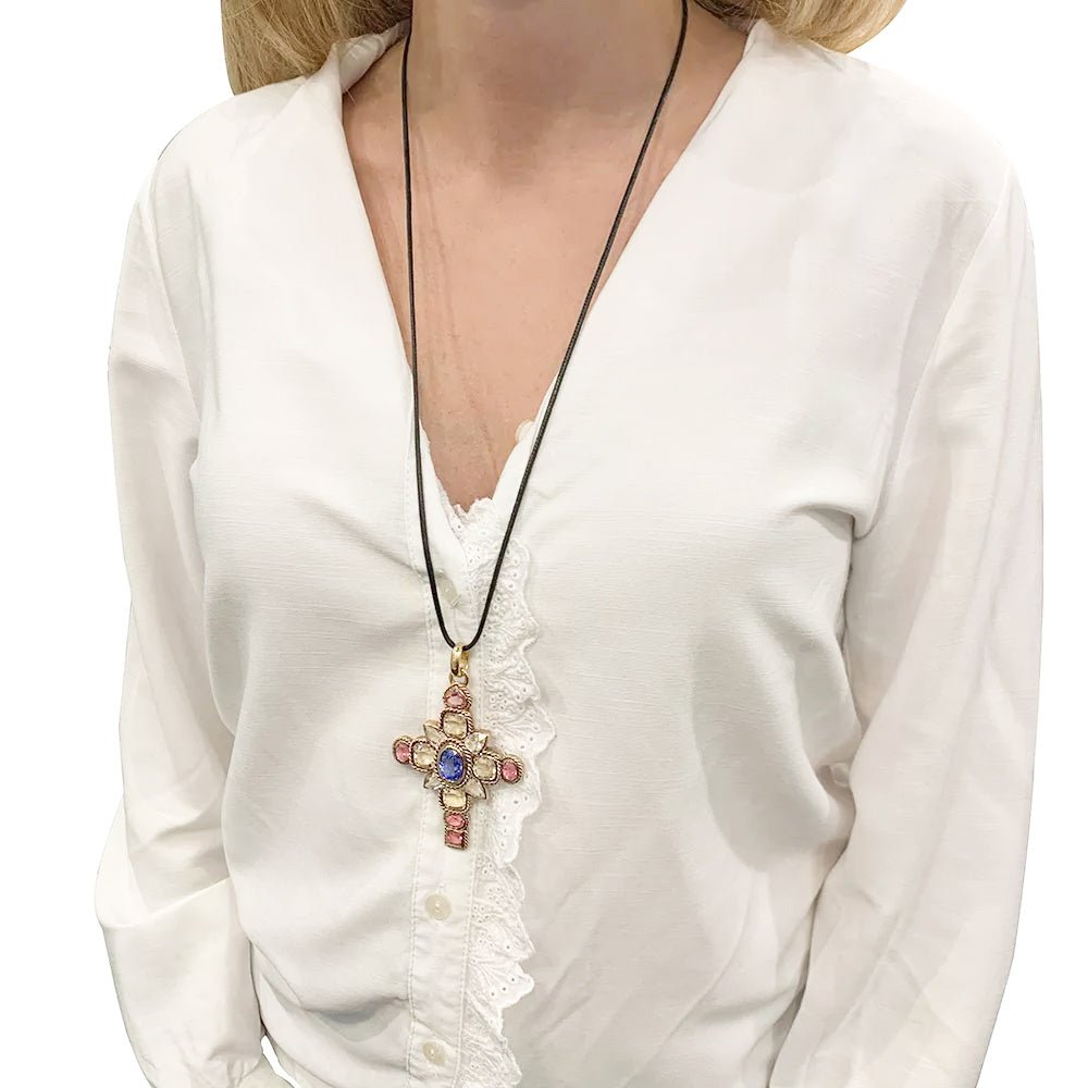 Pendentif croix en or rose, citrines, tourmalines et tanzanite - Castafiore