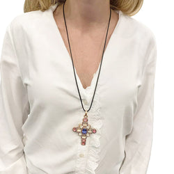 Pendentif croix en or rose, citrines, tourmalines et tanzanite - Castafiore