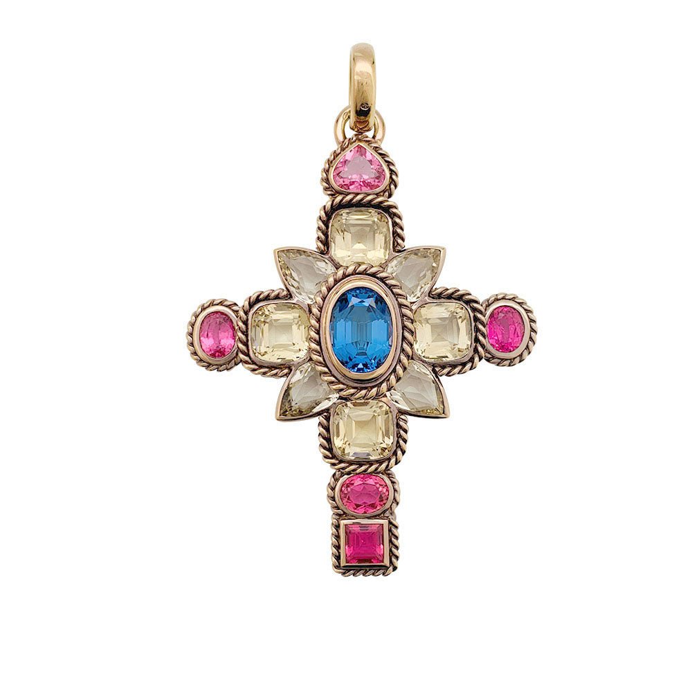Pendentif croix en or rose, citrines, tourmalines et tanzanite - Castafiore