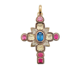Pendentif croix en or rose, citrines, tourmalines et tanzanite - Castafiore