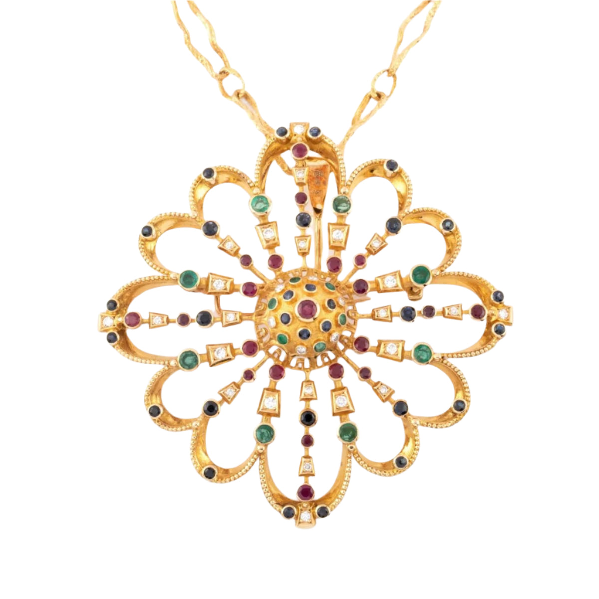 Pendentif et broche or jaune du créateur grec Lalaounis ornée de pierres précieuses - Castafiore