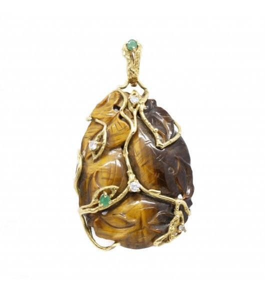 Pendentif - Or. Oeil-De-Tigre. Diamants Et Emeraudes - Castafiore