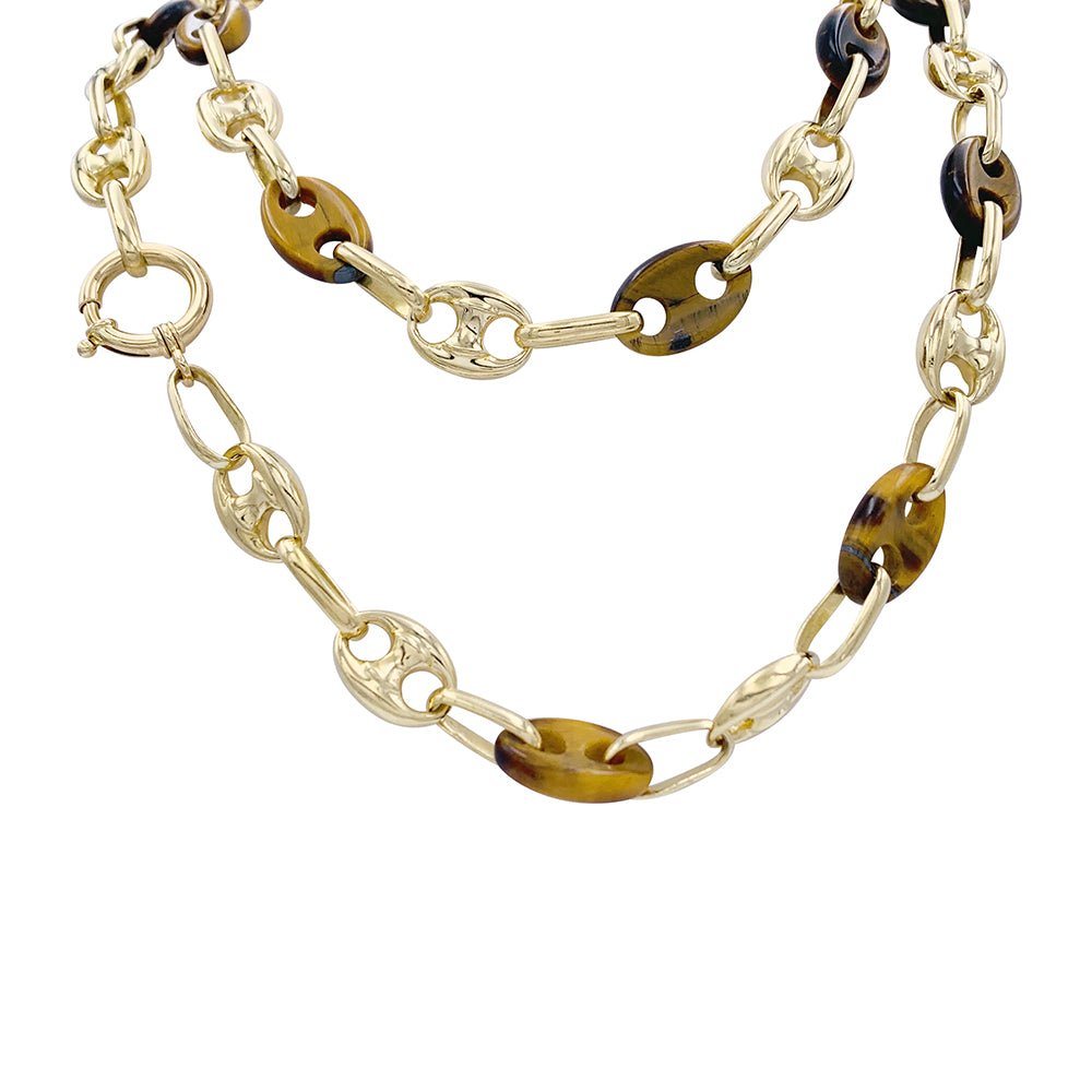 Sautoir vintage grains de café, or jaune et oeil de tigre - Castafiore