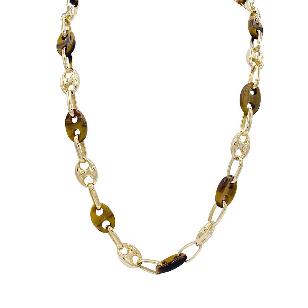 Sautoir vintage grains de café, or jaune et oeil de tigre - Castafiore