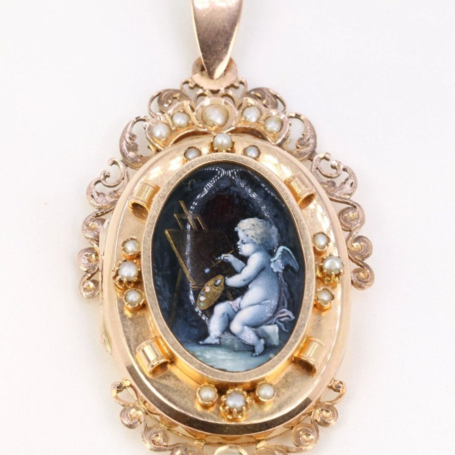 SAVARD Pendentif ancien porte-photo en or, émail et perles fines - Castafiore