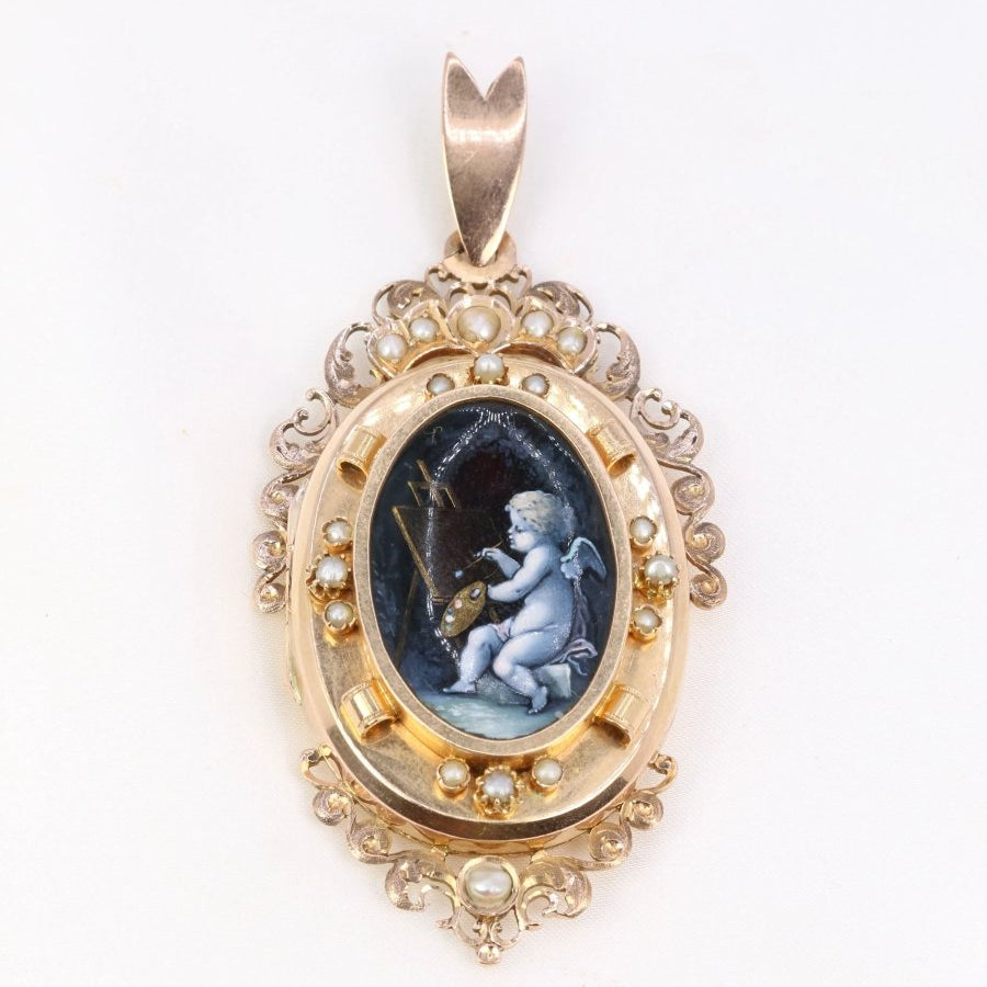 SAVARD Pendentif ancien porte-photo en or, émail et perles fines - Castafiore