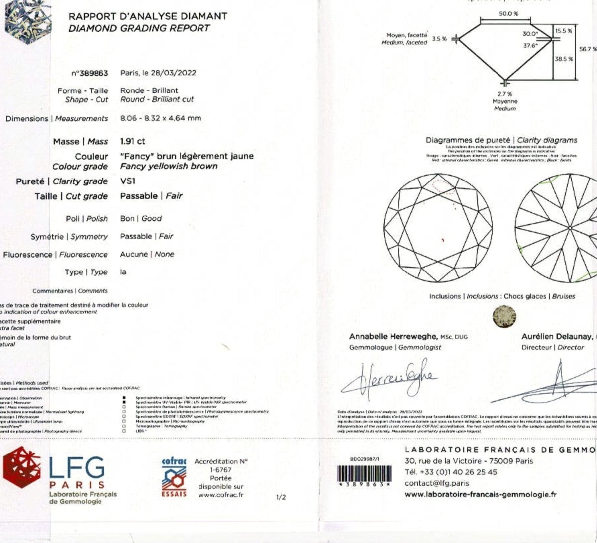 Solitaire or jaune, diamant brun 1,91 cts - Castafiore